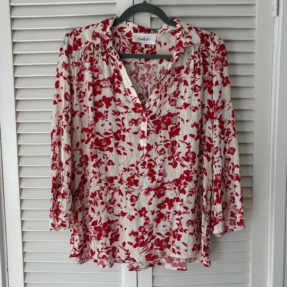ba&sh women's Eddy blouse medium 8 Ecru white red floral metallic ruffle